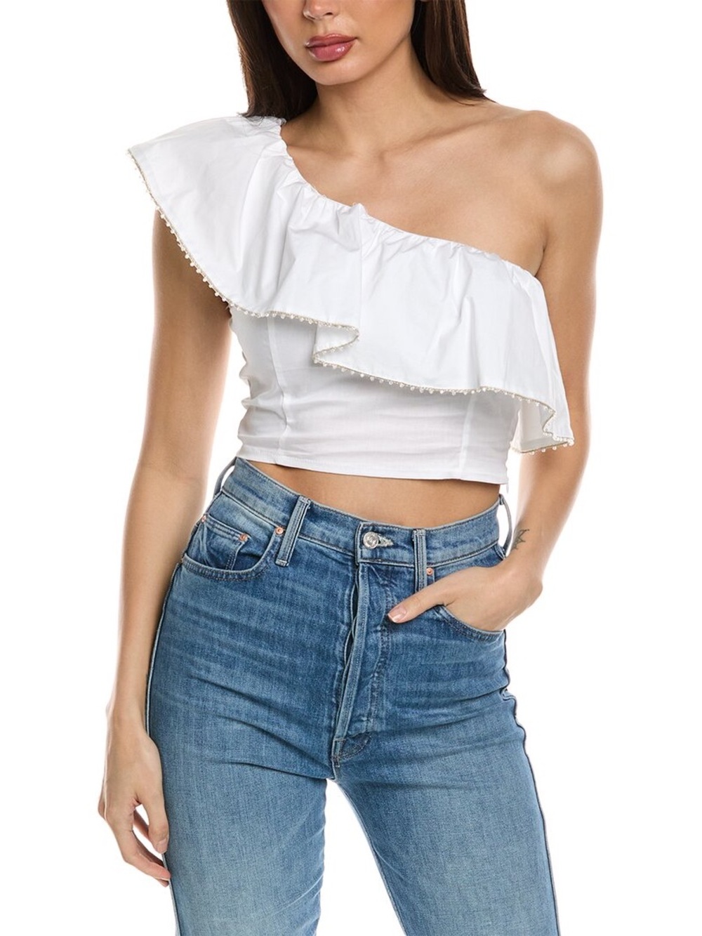 WILDFOX DAVENAY ONE SHOULDER CROPPED FLOUNCE TOP WITH CRYSTALS WHITE XL NWOT